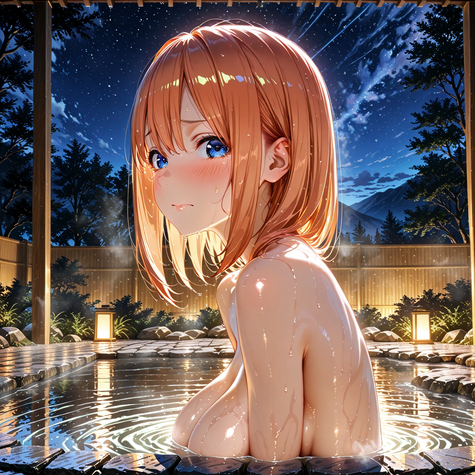 (masterpiece:2.0), (top-quality:2.0), (sitting ????? in the hot spring:1.5), (extremely small white towel:1.5), (super sexypose:1.5), (view from the side:1.5), (blushed face:1.3), (hide crotch with hand:1.3), (super thin fabric:1.5), (Spilling boobs:1.4), (realistic:1.5), under the boobs, side boob is visible, ?????, 1 little girl, precise small hands, Embarrassed look, Look at me and surprised face, Open mouth, extremely cute girl, innocent face, young face, Clear eyes, Shining eyes, small breast, shoulder is visible, Tummy is visible, cleavage of the breast is visible, stomach is visible, the lower abdomen is visible, The buttocks is visible, The crotch is visible, No pubic hair, dynamic posing, The beautiful skin, ultra-definition, Top resolution, golden hair