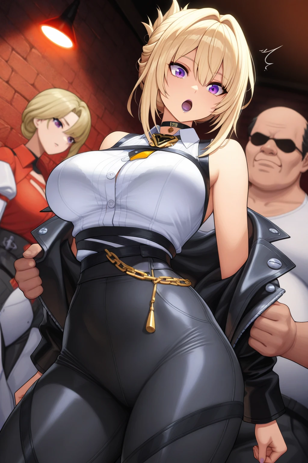 source_anime, rating_explicit, score_9, score_8_up, score_7_up, black_hair, goth, gothic, short_hair, looking at viewer, crop top, skirt, thighhighs, black clotges, goth girl, ikuchan, 2boys, mmf, standing side by side, faceless male, ), muscular male, ((size difference)), clothed, gyaru fashion, breast grab, cuckold pov, ((netorare)), ((ntr)), cuck, cuckolding, ((light skinned male)), ((cuck)), ((bleached)), ((wmaf)), white male Asian female 