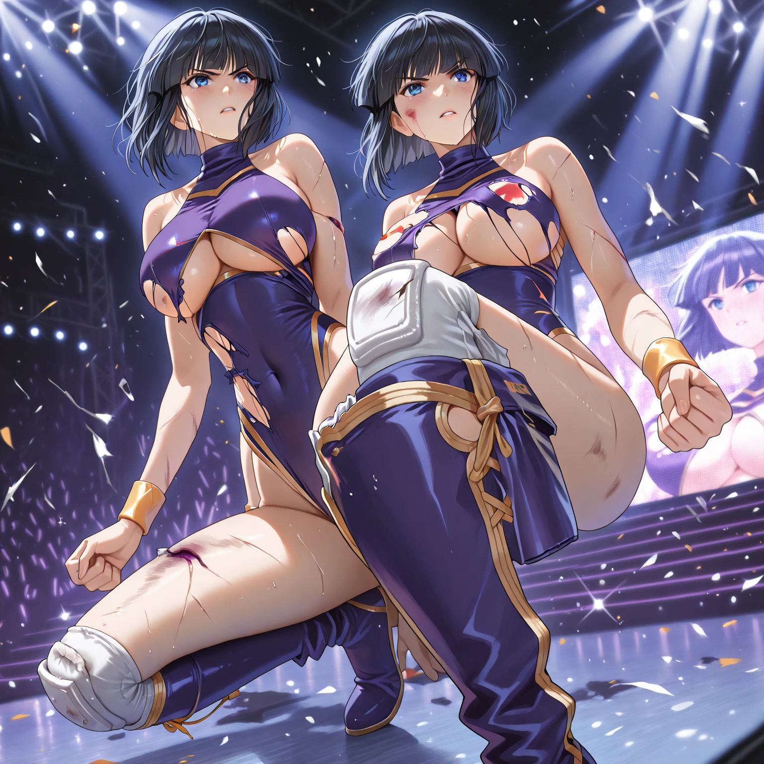 kaito, two-toned hair, blue hair, purple hair, purple eyes, scarf, necklace, , See Through COAT, See Through PANTS,, live stage, large breasts, 1girl, smile, solo. nsfw, nipple
