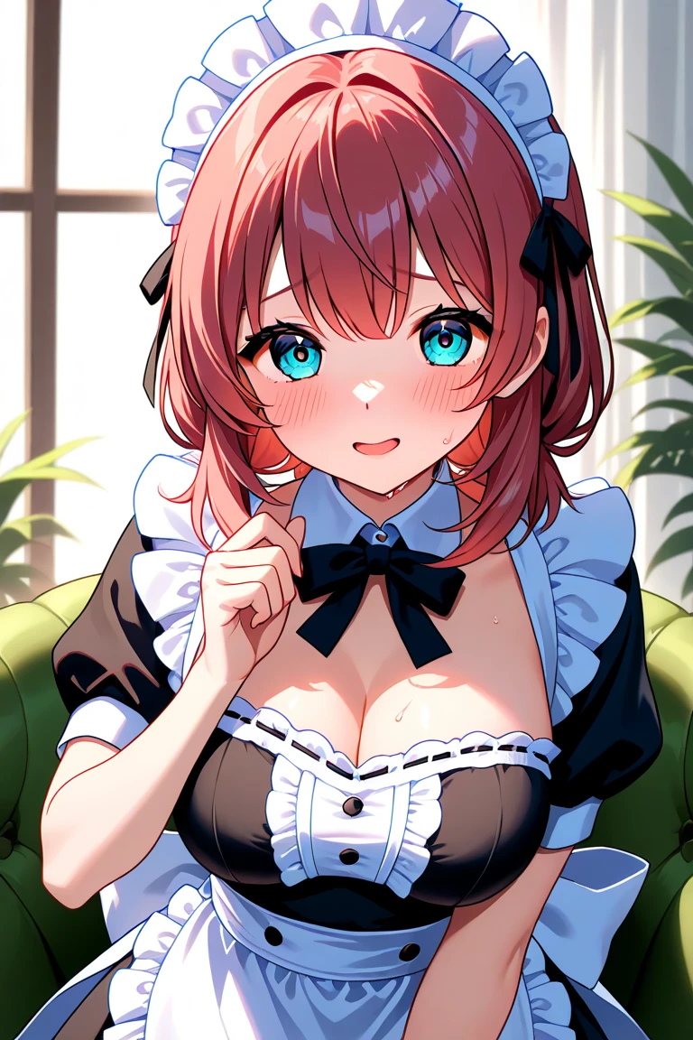 1girl, solo, masterpiece, best quality, high res, highly detailed, illustration, beatiful detailed eyes, yuigahama yui, single hair bun, glossy lips, light makeup, standing, cleavage, fishnet stockings, (gothic lolita dress), knee boots, blush