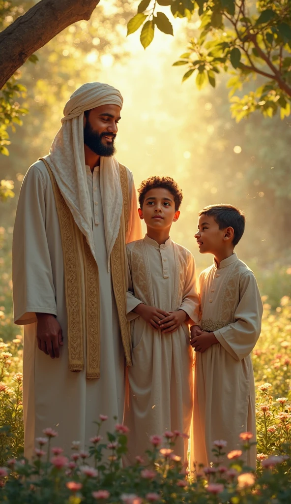 Muslim boy, 25 years old, walk with family, in garden, play children