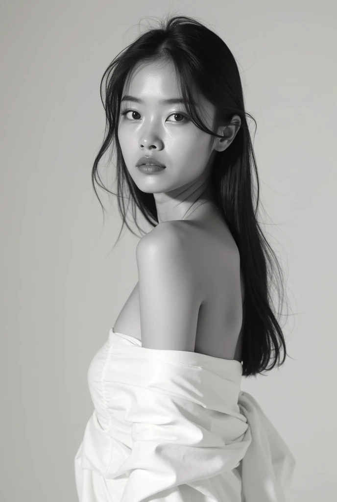 ((highest quality)), ((8K)), ((masterpiece: 1.3)), (Perfect appearance), (Photorealism: 1.6), (Ultra high definition), (monochrome), (JMA), (Japanese Matureの肖像画), (Mature woman's profile: 1.4), (60 years old, Japanese Mature), ((Realistic skin texture)), ((Realistic skin texture)), (Fine lines all over the skin), (Dull skin), (Facial wrinkles), (Wrinkles around the eyes), double eyelid, Tear bags under the eyelids, Averting your gaze and gazing into the distance,