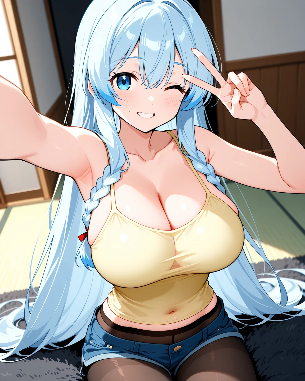 My name is Yukiko.I am a white test woman with long Sky blue hair,red eye color.I am 1.62 cm tall . My breasts measure 200 cm, my waist 40 cm and my hips 200 cm. Dressed in a tight low-cut pink blouse along with short black shorts  . With big breasts 200 cm