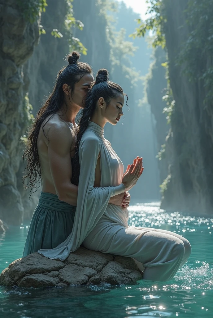 full lenght hiper 4k Think of it as a movie poster. In the Night Breeze, full length, a handsome, gentle young man, 25 years old, long black hair tied halfway down his head, no shirt, wearing a white and gold loincloth, and a beautiful, gentle young woman standing in front of him in a light blue Thai tube top, wearing a blue and gold sarong, a white and gold shawl, wearing blue jewelry, of a waterfall and mountains, sparkling light. 3D image, oil painting, sharp image. Art image of Ajarn Chalermchai.