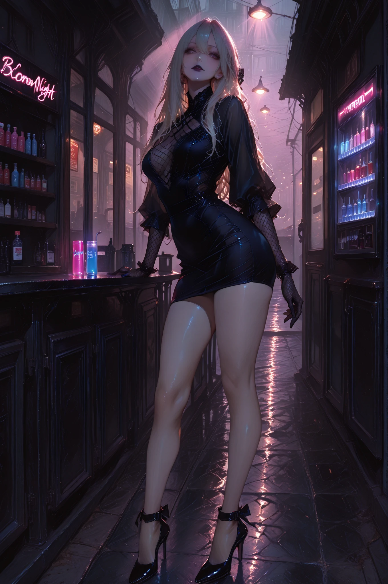 short blonde haire. She has an hourglass figure, massive breasts. ,Wide hips (implants), Prominent buttocks (implants). She's fully clothed, not naked or topless.
in a lively erotic salon, surrounded by colorful booths and dim lights
dressed in a black latex jumpsuit that hugs her curves perfectly, with lace details adding a touch of sensuality
high-heeled boots accentuate her long, slender legs
sleek, shiny hair pulled back with a leather headband adorned with studs for a bold look
standing in front of her booth, where posters from her OnlyFans account are displayed, with a confident, provocative smile on her face
holding a feather in one hand, symbolizing her artistic and libertine side, while offering business cards to passers-by
the ambience is filled with sensual music, murmurs and laughter, creating an electrifying, festive atmosphere
bold decorations, erotic works of art and suggestive accessories complete the space's décor
the whole exudes an aura of seduction, mystery and freedom of expression, ready to captivate and seduce all show visitors
