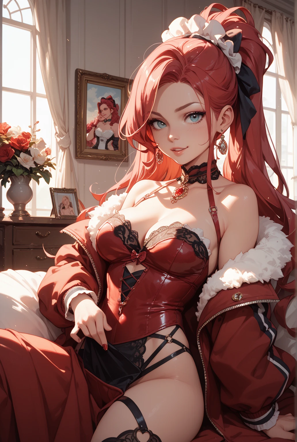 a woman with big breasts sitting on a couch, playing a video game, wearing a red dress, long pink hair, green eyes, (best quality,4k,8k,highres,masterpiece:1.2),ultra-detailed,(realistic,photorealistic,photo-realistic:1.37),intricate detail,insanely detailed,hyper detailed,vibrant colors,dramatic lighting,cinematic lighting,volumetric lighting,chiaroscuro lighting,dramatic atmosphere,highly detailed face and eyes,extremely detailed skin,detailed fabric textures,detailed jewelry and accessories,gaming setup,video game controller