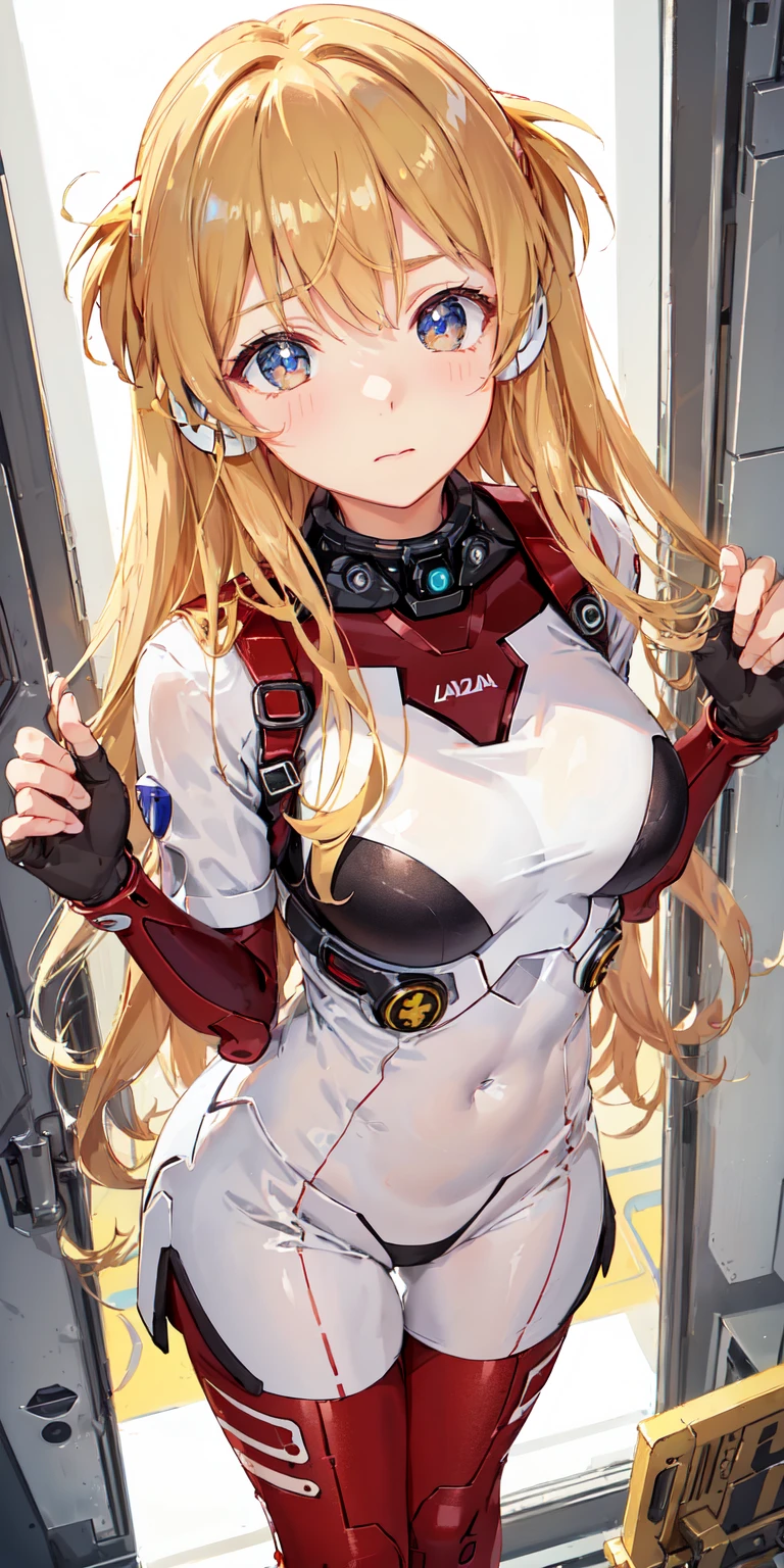 Cow horn、Ox handle、(俯瞰figure),Dynamic Angle,Super detailed, figure, close, Straight, One girl, 
 ((Soryu Asuka Langley, Interface Headset, Red bodysuit:1.4, blonde)),Her eyes shone like dream-like stars,(Glowing Eyes:1.233),(Beautiful and detailed:1.1),(Expressionless,Mouth closed),(Are standing), 
(In a white spaceship、Mechanic room with tools and spaceship window),
(night:1.2),dream-like, [[Delicate fingers and hands:0.55]::0.85],(Finger details),