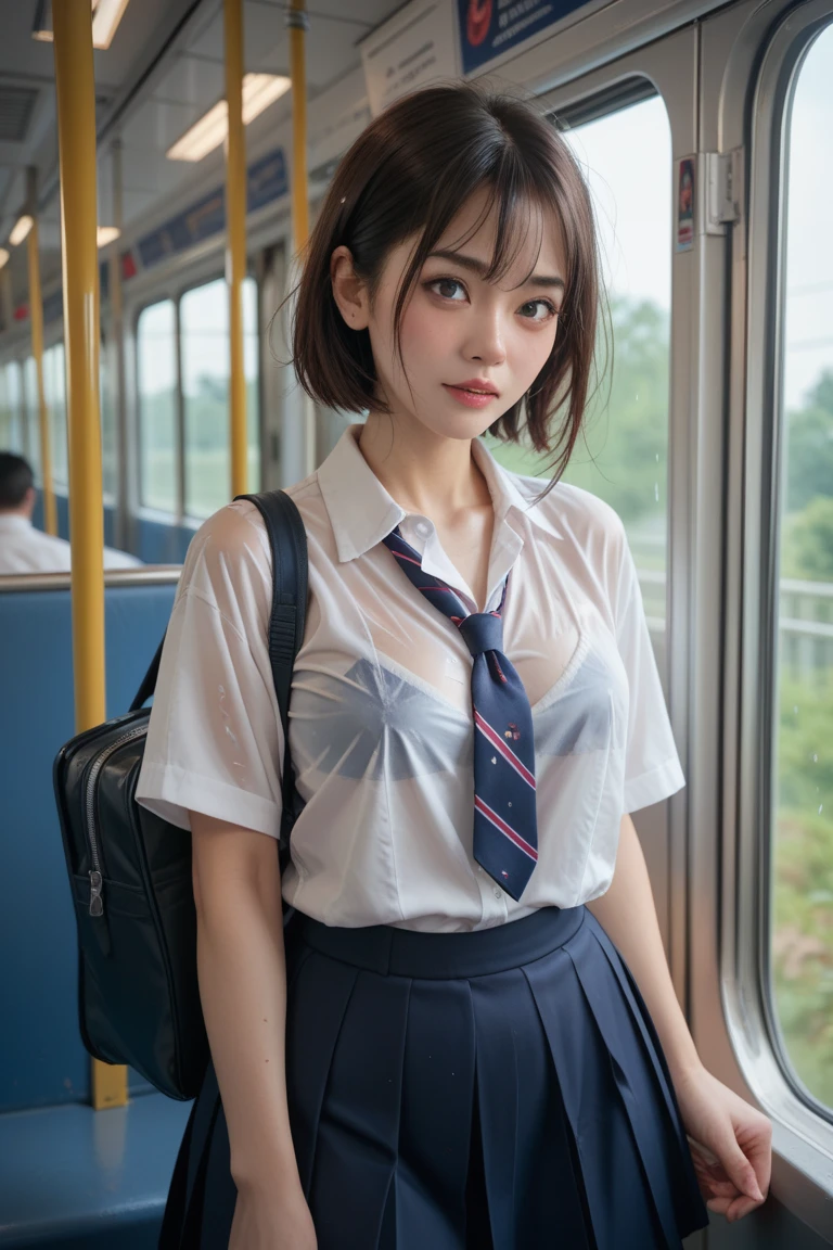 Japanese Girls、18歳の女の子、ple short hair、Blond Hair、bangs、BROWN EYES、Perfect figure、Sense of transparency、luster、gloss、modest chest、School Uniforms、Navy blue ribbon、Light blue shirt、Navy blue skirt、Guangyue、Burning body、hposing Gravure Idol、On the train、Beautiful feet、Strong sunlight、Nasty、Rain-drenched body、wet
