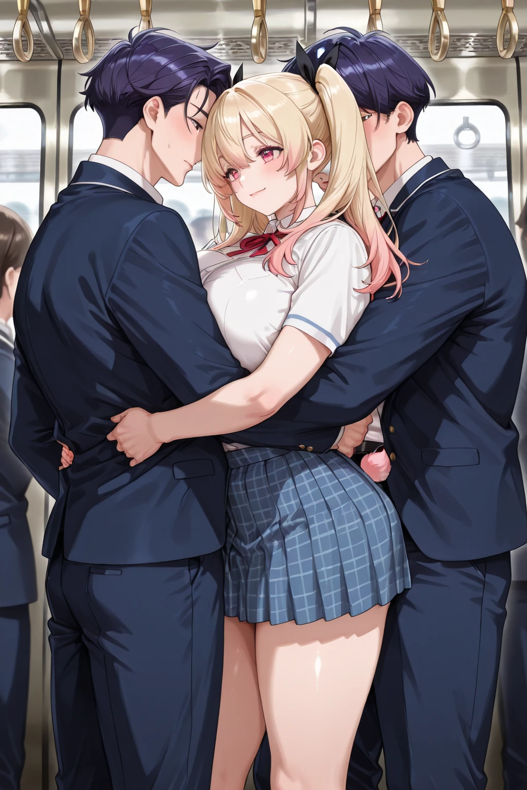 Station ticket gates、A man in a suit groping a schoolgirl's breasts and buttocks、A white shirt that fits her no-bra 、Blue and white striped skirt、Her skirt flips up to reveal her cute white underwear、Bare legs and leather shoean in white suit