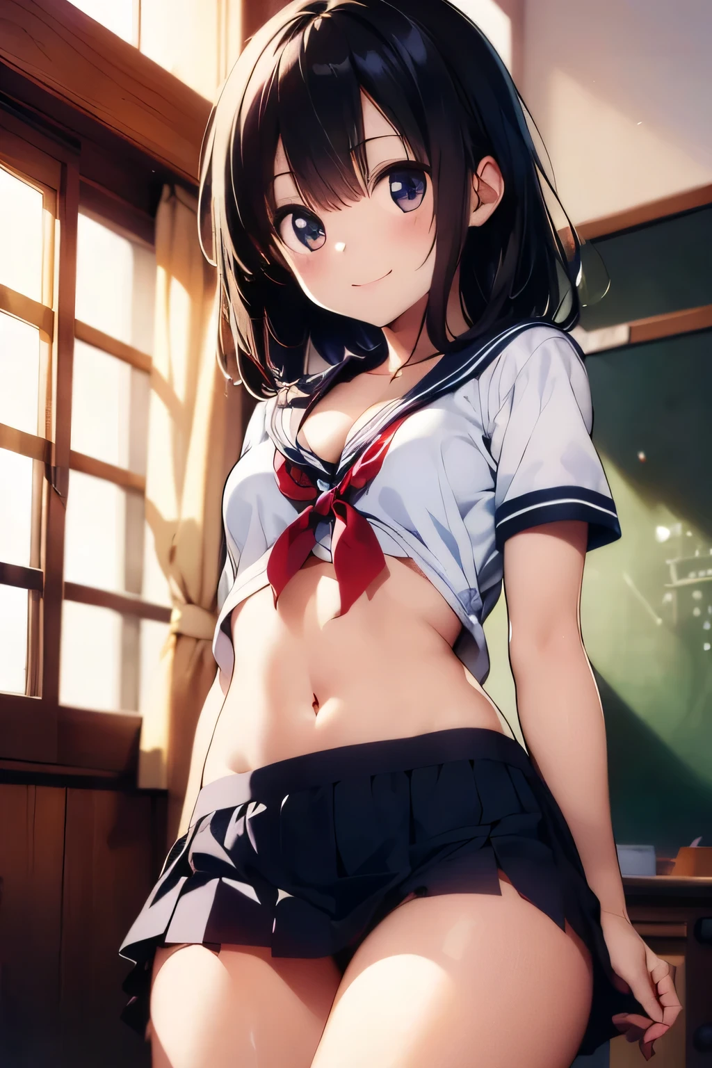 ((Highest quality)), ((masterpiece)), (detailed), One person, high school girl、school uniform、Brown Hair、Summer clothes、Medium breast、mini skirt、Thighs、Flipping the hem of clothes、belly button