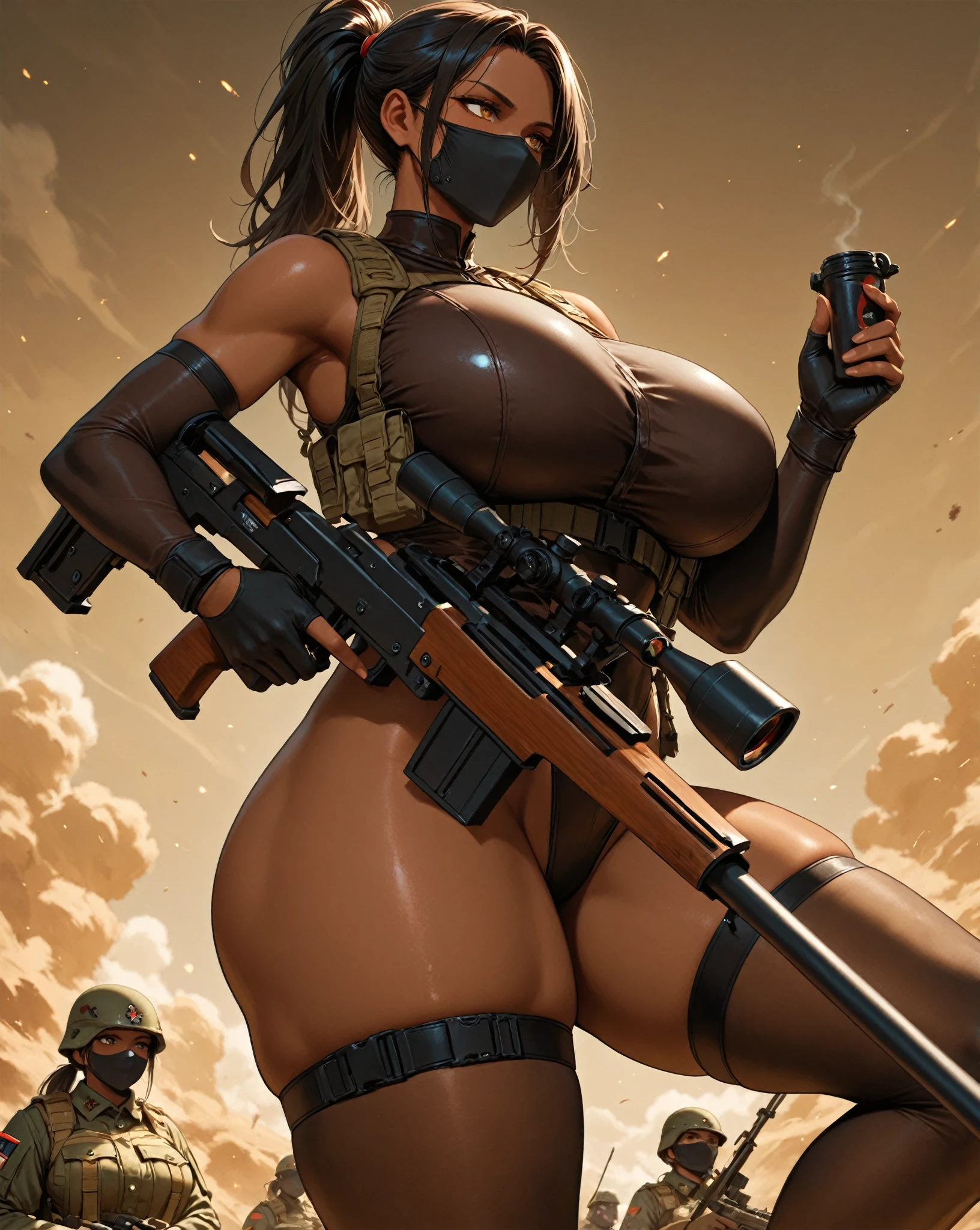 1woman 20 years old, max resolution, crisp lines, sculpted, military, wearing a soldier helmet, beautiful, perfect body, red hair, perfect body, thin waist, wide ????, ?????????????, slim thighs, jungle background, armored vehicle, flying fighters, military robot dog, camouflaged uniform, tight panties, head to toe, highly detailed, high resolution, perfect hands, rear view, backside, camo, turning around to see the viewer