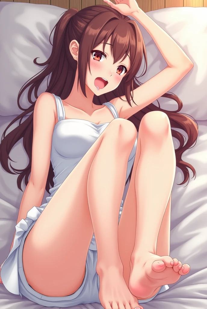 An anime woman with her feet open without clothes where you can see her open pussy 