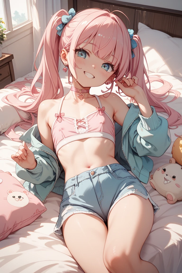 12-year-old girl、Pink underwear、Embarrassed expression