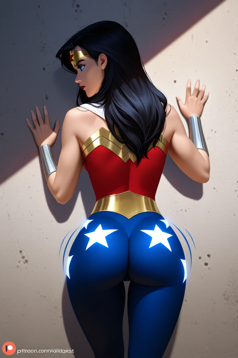score_9, score_8_up, score_7_up, score_6_up, absurdres, best quality, source_cartoon, simple background, portrait, wwjl, 1girl, long hair, breasts, lipstick, black hair, bare shoulders, jewelry, earrings, lasso, lasso of truth, wonder woman, vambraces, strapless, boots, star, (symbol), red strapless top, pantsed, star print bottom pulled down, bare ass, annoyed, tiara, red footwear, bracer, star earrings, high heel boots, star print, rear view,