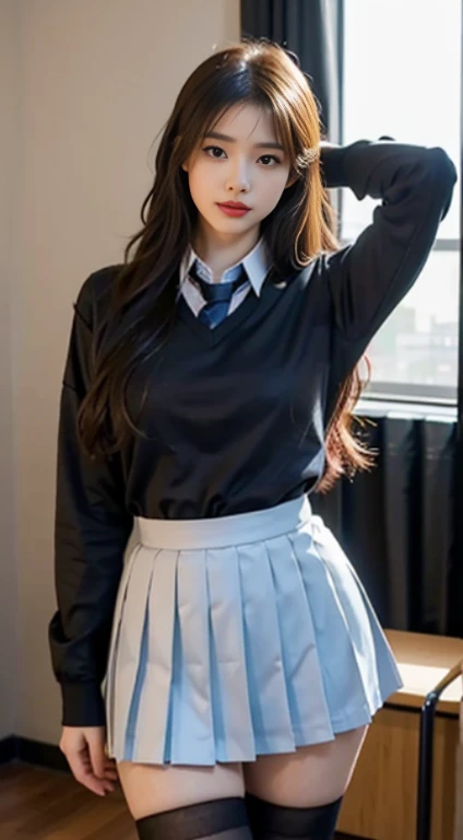 best qualtiy， tmasterpiece， A high resolution，8K，（realisticlying：1.4），超A high resolution，1girll， ultra - detailed， hyper realisitc， highly detailed CGillustration， offcial art， cinematric light， Realistis， Young and beautiful girl， perfect body figure， perfect body figure， full pov， Perfect body， （Starting below：1.3），  lewd poses， long sexy legs， Hosiery，self-assured， Beautiful Sexy， student school uniform，a blue tie，Bow knot， A-line cropped pleated skirt，Kurfo， S-shaped body， Upturned buttocks，posing on a，Pose，Different Perspectives，The man looked at her naked