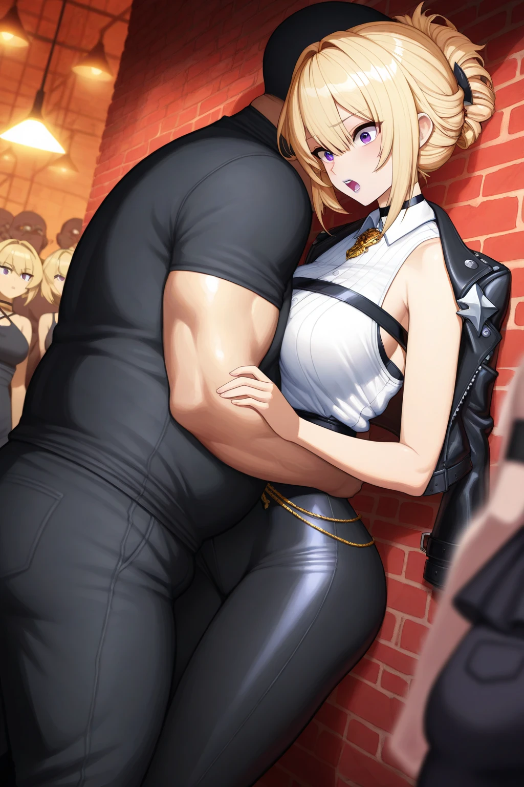 (masterpiece,best quality:1.3),(ultra-detailed,high resolution:1.2),(illustration),((an extremely delicate and beautiful)),(detailed background),((1girl,tall stature)and(1muscular boy,tall stature)),hetero,(1girl,tall stature:1.4),(curvy:1.4),(long hair, french braid),straight hair, (blonde hair), light blue eyes, (large breasts), pale skin,shiny skin, (rolling eyes:1.4),(ahegao),(trembling), erectile nipples, ((She wears ninja costume, fishnet bodystocking)), cum in pussy,(cum on clothes:1.4), cum on body,cum in mouth,cum on hair,excessive cum, (1muscular boy,tall stature:1.4),smug,small penis, ((vaginal,sex)),(upright straddle,couple,face-to-face,kiss),(wrestling ring),