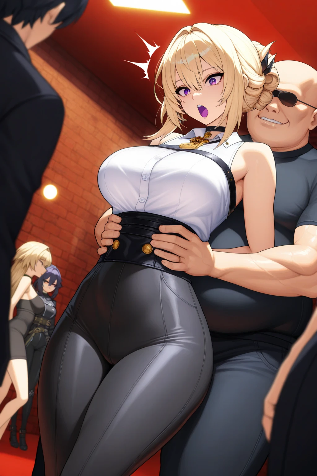 source_anime, rating_explicit, score_9, score_8_up, score_7_up, black_hair, goth, gothic, short_hair, looking at viewer, crop top, skirt, thighhighs, black clotges, goth girl, ikuchan, 2boys, mmf, standing side by side, faceless male, ), muscular male, ((size difference)), clothed, gyaru fashion, breast grab, cuckold pov, ((netorare)), ((ntr)), cuck, cuckolding, ((light skinned male)), ((cuck)), ((bleached)), ((wmaf)), white male Asian female 