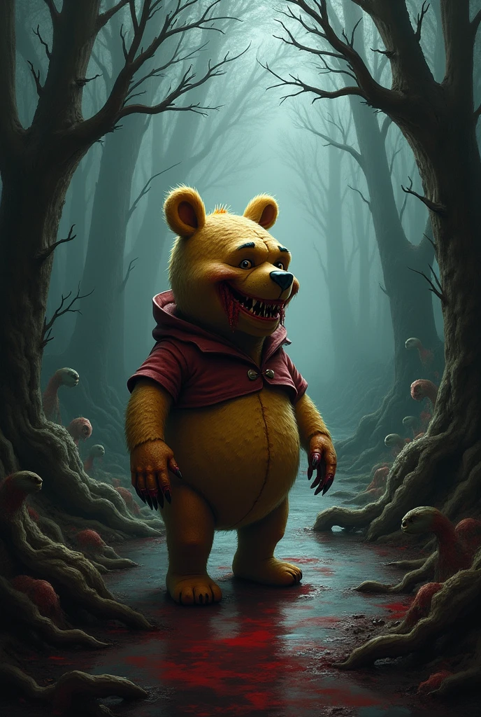 Pooh Bear is smiling while killing people.
He's killing people while being splattered with blood.
