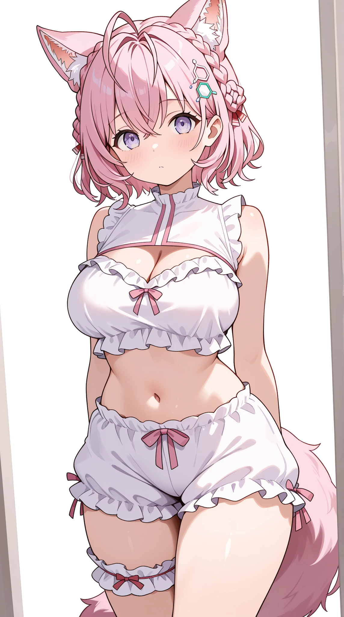 cute girl, with pink hair, wearing a modern flat hat with rounded white edges, Round hat, white hat, Short hair, round doll-like eyes, adult girl, Drawing eyes is better, beautiful eyes, fine eye details, sexy body, The girl has big and sexy breasts, Round eyes, sexy,Cat ears, cat collar, cat tail