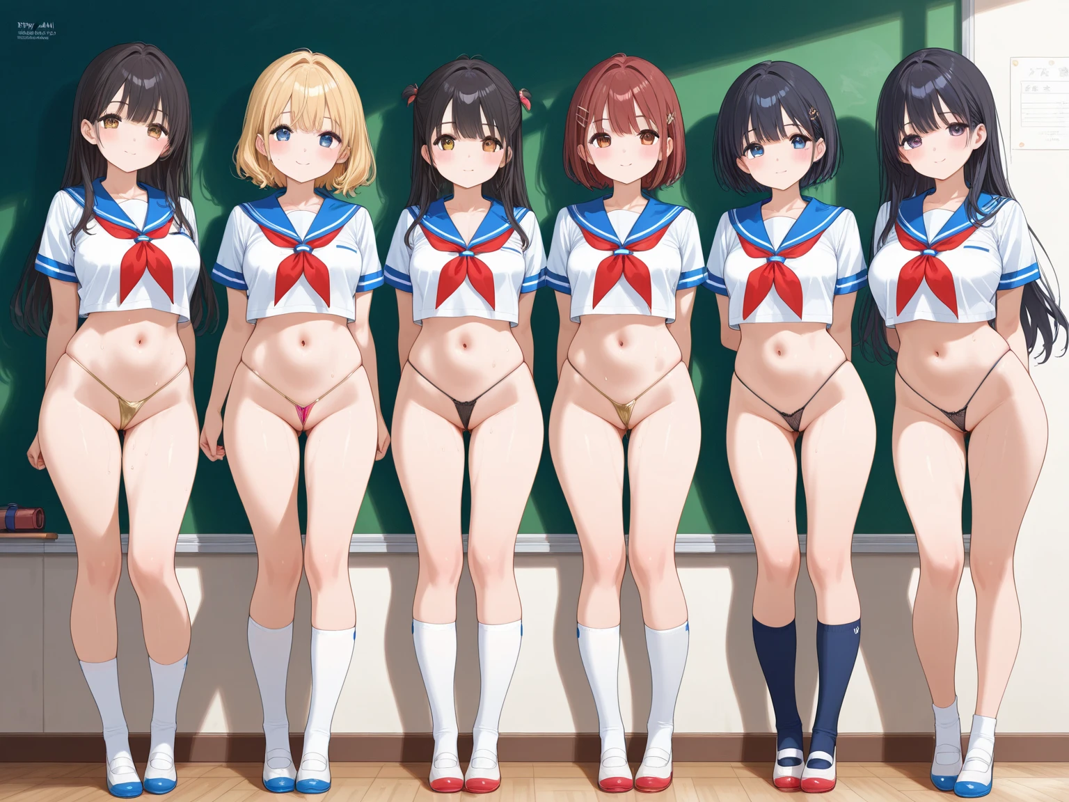 (Top quality illustrations:1.3), (Full color illustrations:1.9), (cute女の子5人:1.5), (Five Girls、Alongside), (School classroom)、(平行にAlongside立つ)、Commemorative photo、 (Five Girls、Non-virgin、17 years old、Mature、cute、(Gal)、Slightly smaller breasts、Slightly narrow waist、Ultra-detailed eyes:1.2)、(high school girl)、(Prostitute:1.2)、 (Non-virgin:1.2)、 Thighs Thighs、(((((nude)))))、(((Dark brown nipples)))、(((Areola of black color)))、(((Front facing)))、Facing forward、Laughter、friend、Bold Pose、Sexy pose、Seduce your audience、Love your audience、(Black Hair、Blue Hair、Orange Hair、Brown Hair、Pink hair、Red hair、Blonde)、(short hair、Mid-length hair、Semi-long hair)、Hair length、(Straight Hair、Wavy Hair、Curly Hair、Bobcut、Twin tails、ponytail)、(Good balance between face and body:1.7)、(Good balance of girl placement:1.8)、