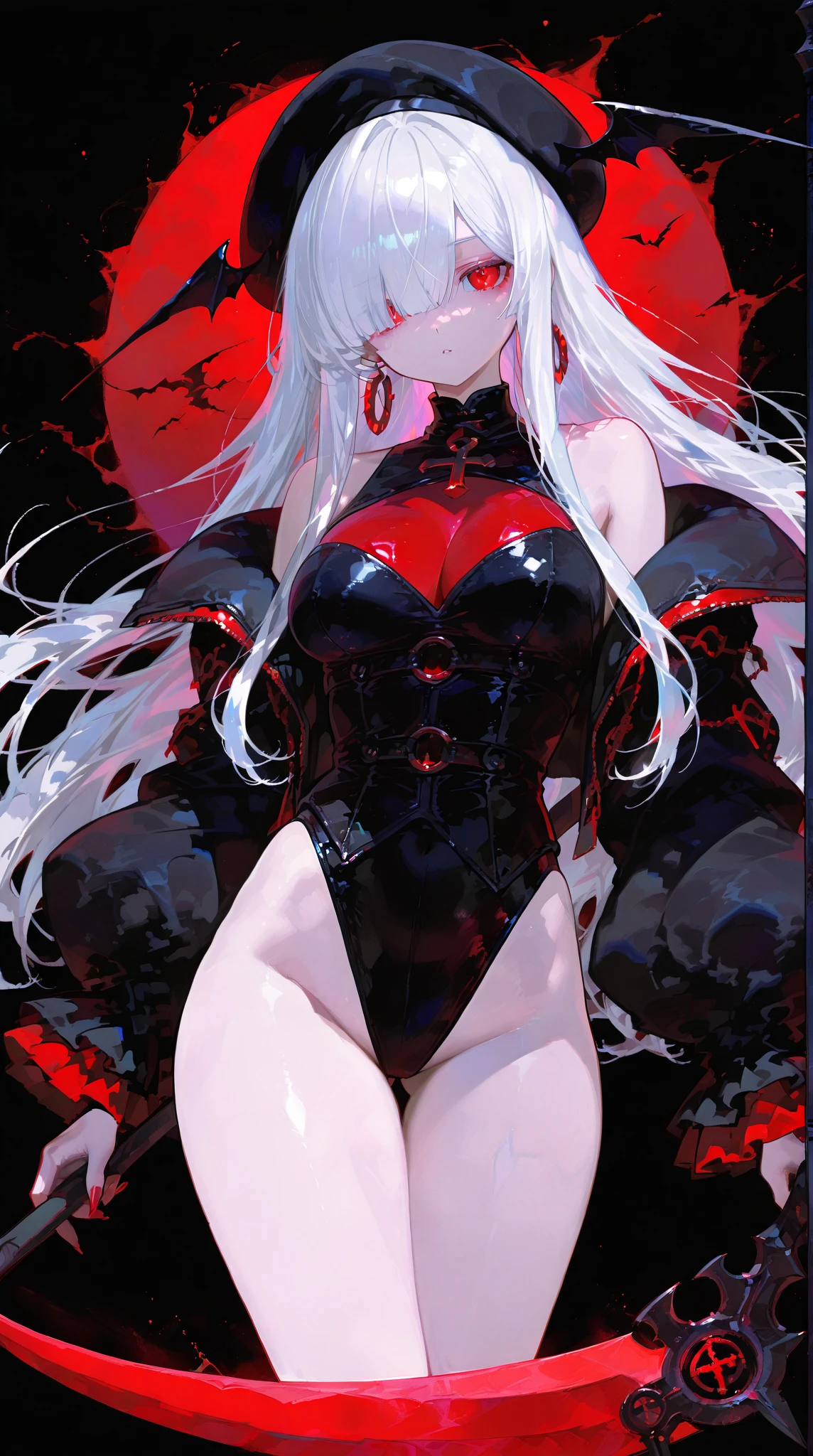 masterpiece, best quality, 8K, number, 1 girl, alone, stand up, youth, white hair, long white hair, hair accessories, Red eyes, round pupils, Emotionless expression, Blood stained mechanical parts, electric wire, cable, failure effect, scary, Science fiction, futuristic, The background inside is darker, neon lights, cyberpunk characters, surreal, Strange, Disturbing, spine-chilling, scary, Rompers,Red eyes,Venom Possession,blackened,Long black gloves,Jumpsuits,Tight latex jumpsuit,Highlight her graceful figure,将整个身体包裹stand up,symbiont,((Raised sexy)),Rompers,Red eyes,Venom Possession,blackened,Long black gloves,Jumpsuits,Black latex clothing,Blood-Red eyes,best quality, High resolution, super detailed, Vivid textures, mask, Tight latex jumpsuit, Bangs,purple hair, blue eyes