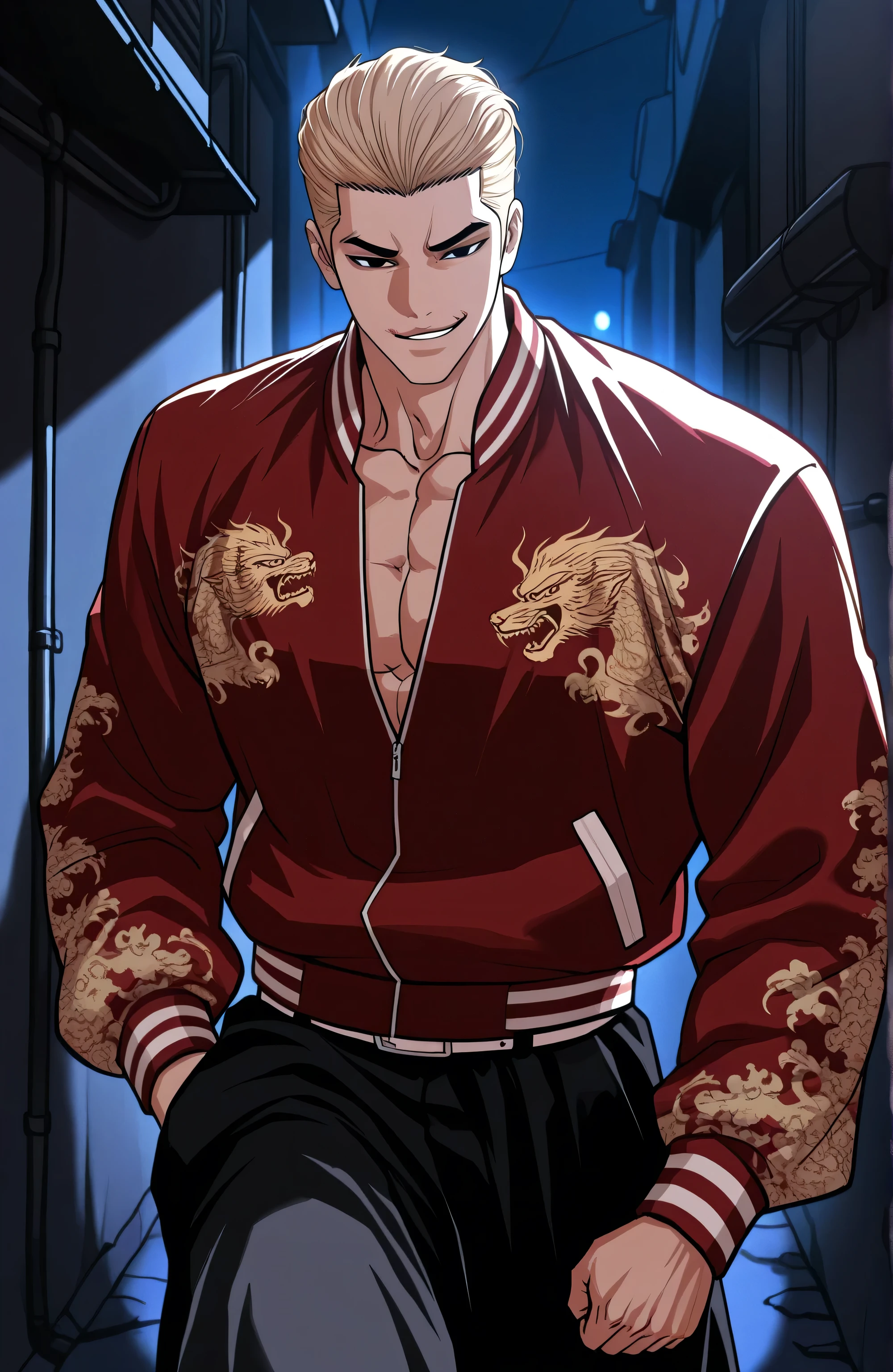 1male,solo,blond hair,short hair,slicked back hair,black eyes,smirk,red sukajan jacket,white belt,black baggy pants,muscle,walk,alley,korea,night,,lookism,