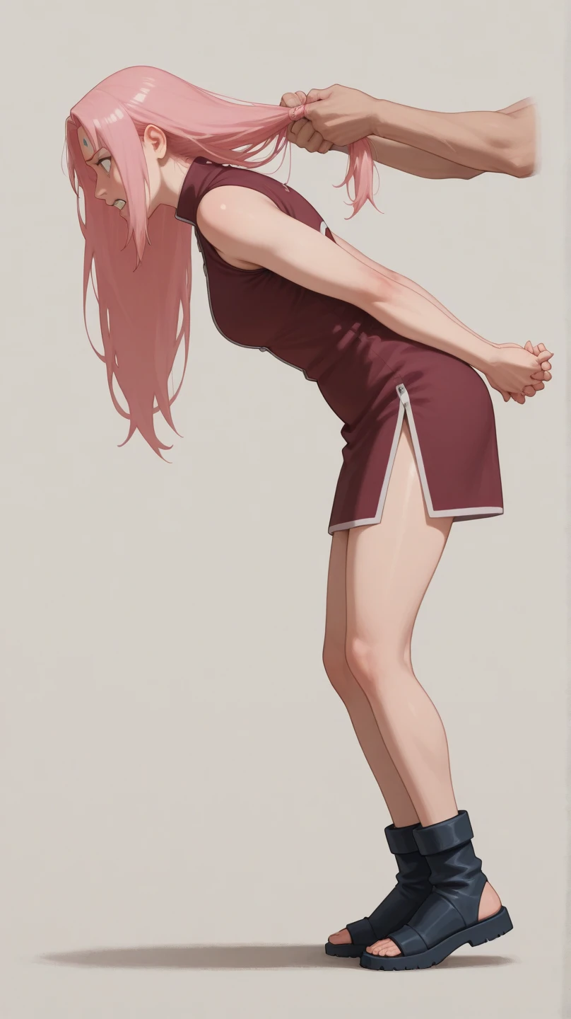 A girl with dark crimson red hair and maroon eyes with a black and red shirt that covers her whole torso and sweatpants and smiling and a background with volcanoes and fire wearing nothing