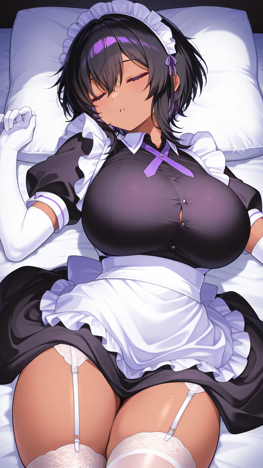 dark skin, short purple black hair, purple pupils, love in eyes, necktie, blushing, shyness, drooling, rolling eyes, green necktie, purple maid outfit, long sleeves, miniskirt, exposed panties, hands raised above the head, lying on bed, big breasts, leg rings, white liquid, binding, single