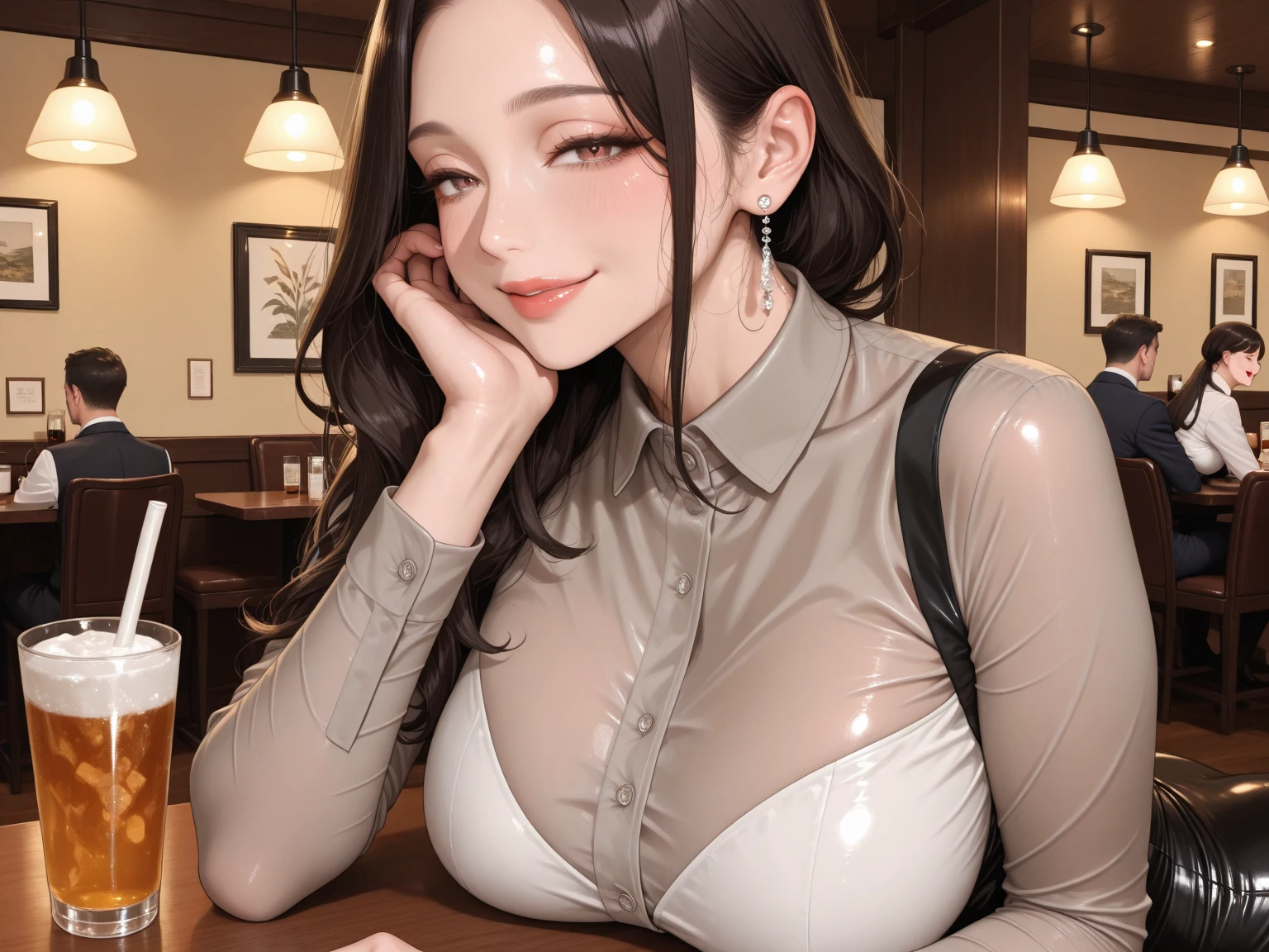 (Photorealistic:1.8, Highest quality:1.8,8K masterpiece:1.8,High resolution,Mastepiece:1.8,RAW Photos,Cinematic lighting)、Detailed Background、((Flat Color))、morning、Cafe、Window light、（A female secretary holding a coffee cup)、（happy、Smiling face）、
（choker、big chest、White blouse、Mini skirt with slit、Wide open chest、Beautiful thighs、Beautiful breastedium Hair、Beautiful, shining red, white, silver-brown hair:1.5)、Sparkling Blue Eyes、Random Pause、TWICE&#39;s Tzuyu&#39; on pause