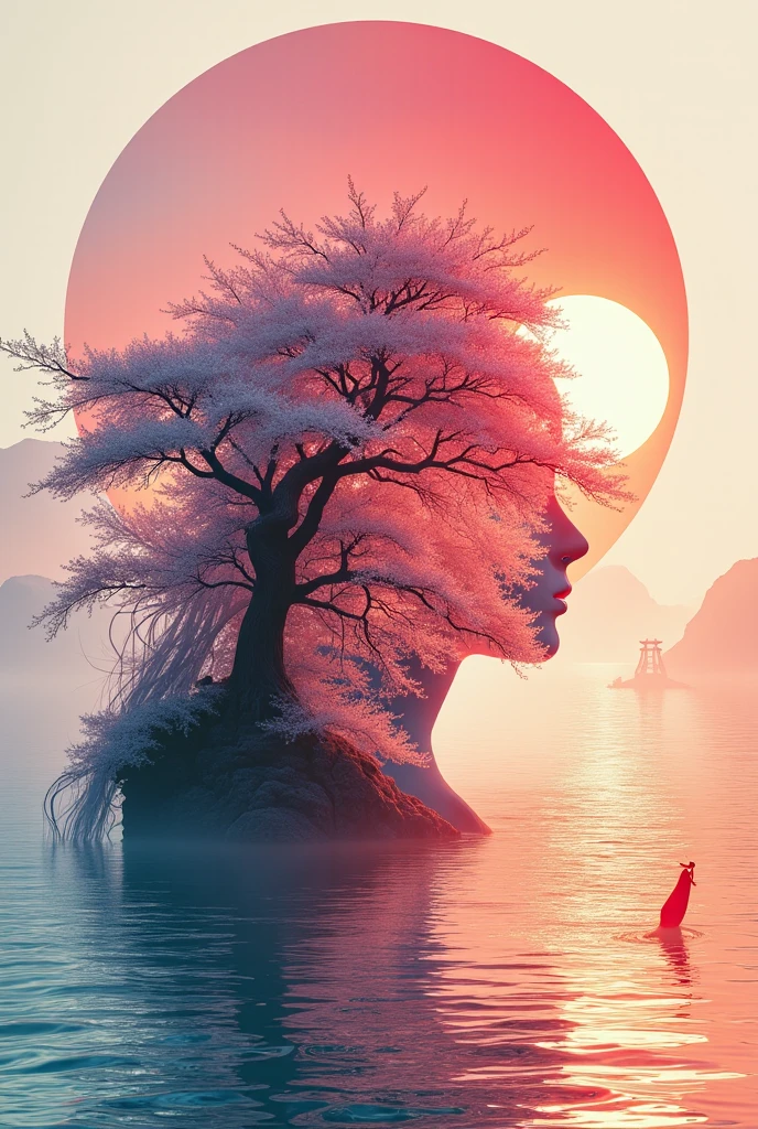 minimalist composition red sun,black man sitting on it,Mirror reflection of trees and water,Surrealism,clean background,Cinema4D rendering style,high resolution photography,dream scene,minimalist sculpture art installation