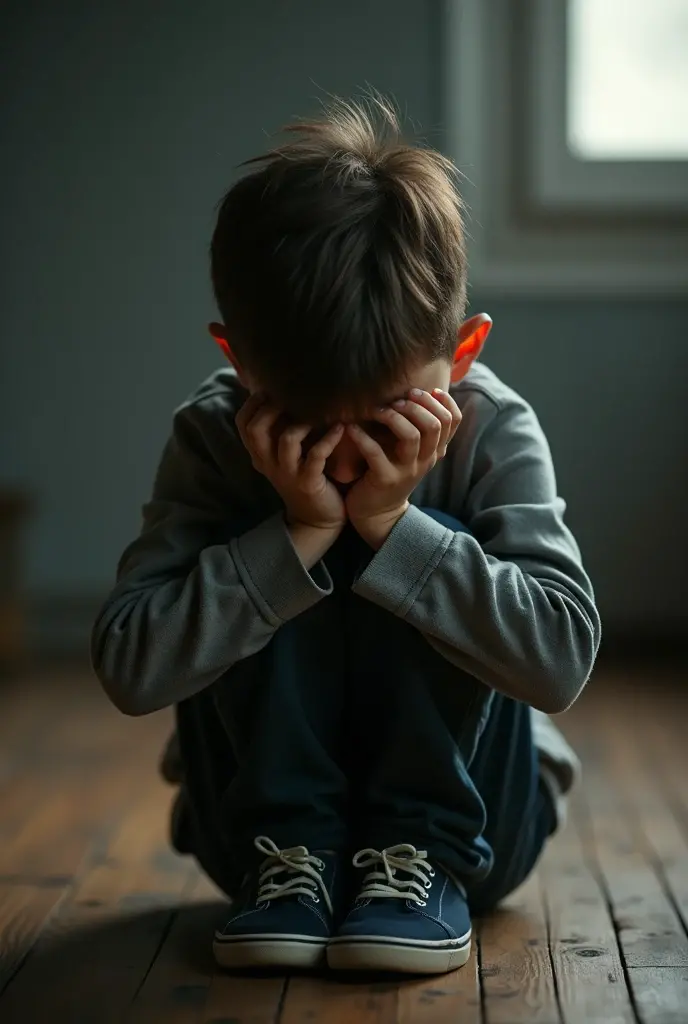 A boy in the spotlight, with a lost or introspective look, sitting on a simple chair or leaning against a wall. The image can be in black and white or with a faded color palette to emphasize the emotional tone of the narrative..