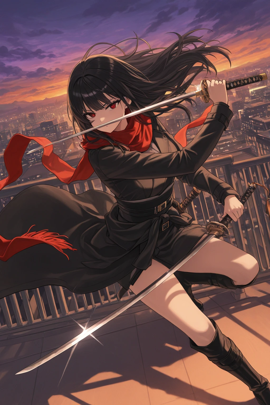 masterpiece, best quality, highres, bbyorf, short hair with long locks, white hairband, red eyes,black hair,gold earrings, large breasts, jewelry, off shoulder, red sweater, sweater dress, long sleeves, black pantyhose,with two golden weapons, blood,standing,dynamic pose,blood, serious face, cold expression,angry, dark illumination, flying blood,background of destroyed site,destroyed city fund,dynamic view,tilted forward,legs open, foot resting on a surface,torn clothes