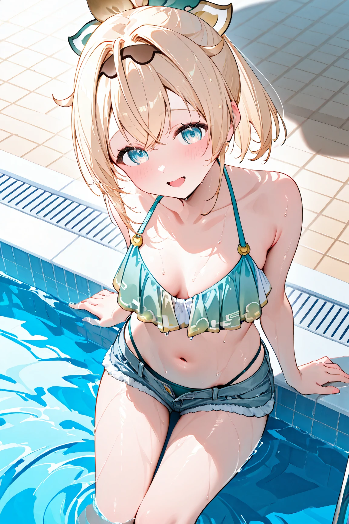 mermaid、blue scales、small breasts、bra、naked、lower body sinks、my hands sink、ocher quicksand、Sweat、forest
