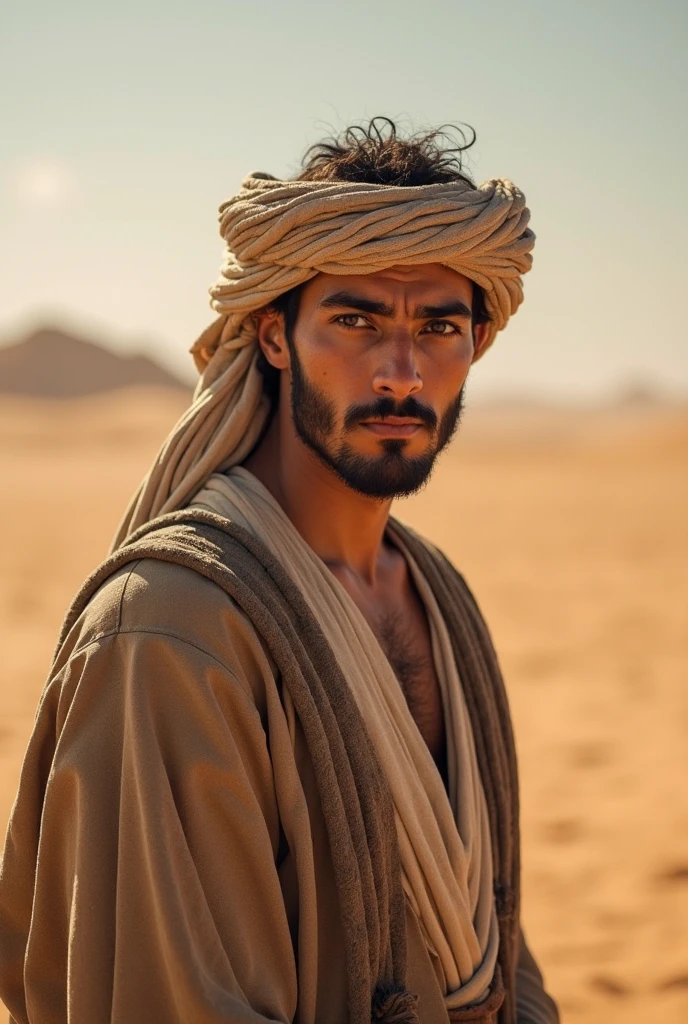 (young white german man), very realistic face, zoomed in on face, blue eyes, wearing thawb and turban, in the desert, 19th-century photograph, sepia tones, aged appearance, dramatic shadows, high contrast, vintage photo, weathered look, ultra-detailed, historical atmosphere, textured background, dusty surroundings, bright sunlight, intense gaze, fine facial details, photorealistic, 4K quality.