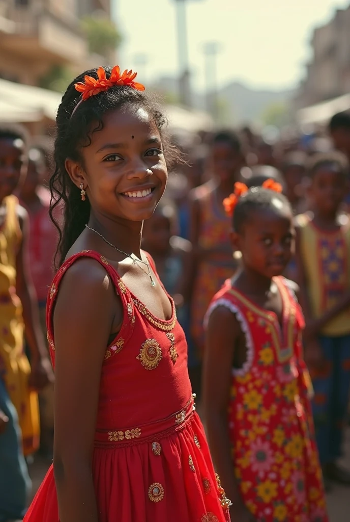 Creer une image dans la grande cour du centre culturel Macumba, 01 mai fête kouzin zaka, des tables avec fruits et legumes, de très beaux decorations pour cette fete de couzin zaka. Les enfants âgés entre 10 et 18 ans, s'habilles en habits traditionnels, colliers, des cheveux crepus, lisses. Scène hautement coloré, camera 4d, très lumineux. La secrétaire SKET.M coordonne les jeux
