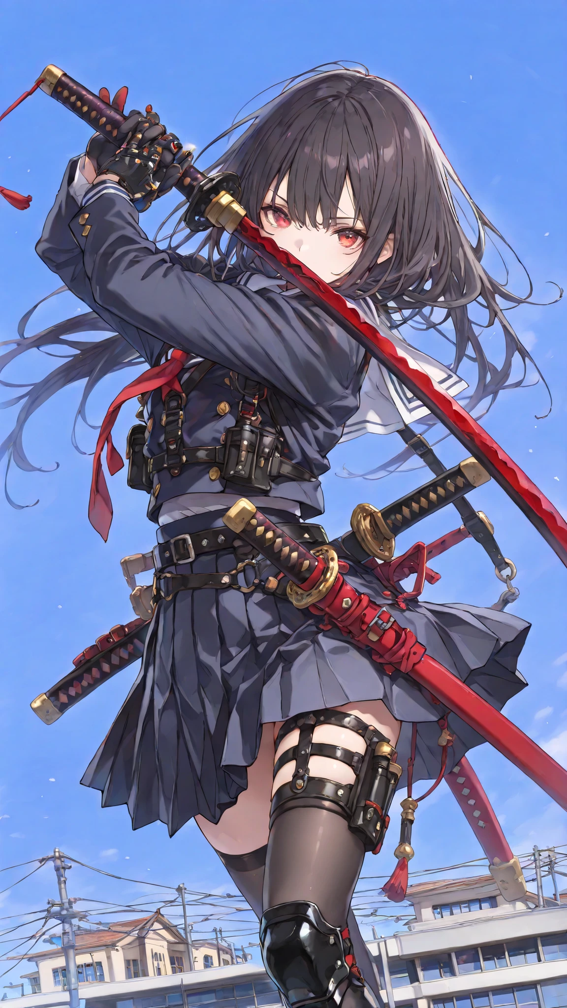 ((night)),(masterpiece:1.2), (Top Quality), (beautiful detailed eyes:1.2), ((1 beautiful woman)), (beautiful background:1.2), (Highly Detailed CG), (super detailed), (Highly Detailed and Beautiful:1.1), (Perfect Details:1.1), ( stunning illustration ),((masterpiece)), ((top quality)), ((super detailed)), (artist:Imi Gimul :1),
1girl, solo, (Equipped with a sword), High definition sword, ((long hair)), black hair, Red Eyes, 1girl,school uniform, black gloves, Action, school, top quality, masterpiece, Ultra High Definition,Blue Sky, thick black outline.beautiful girl : 1.3),1 girl,(shiny school uniform,mechanical school uniform,miniskirt by kouenn,,Harness,has a Japanese sword,Mechanical Limb),dark haired,long hair, school