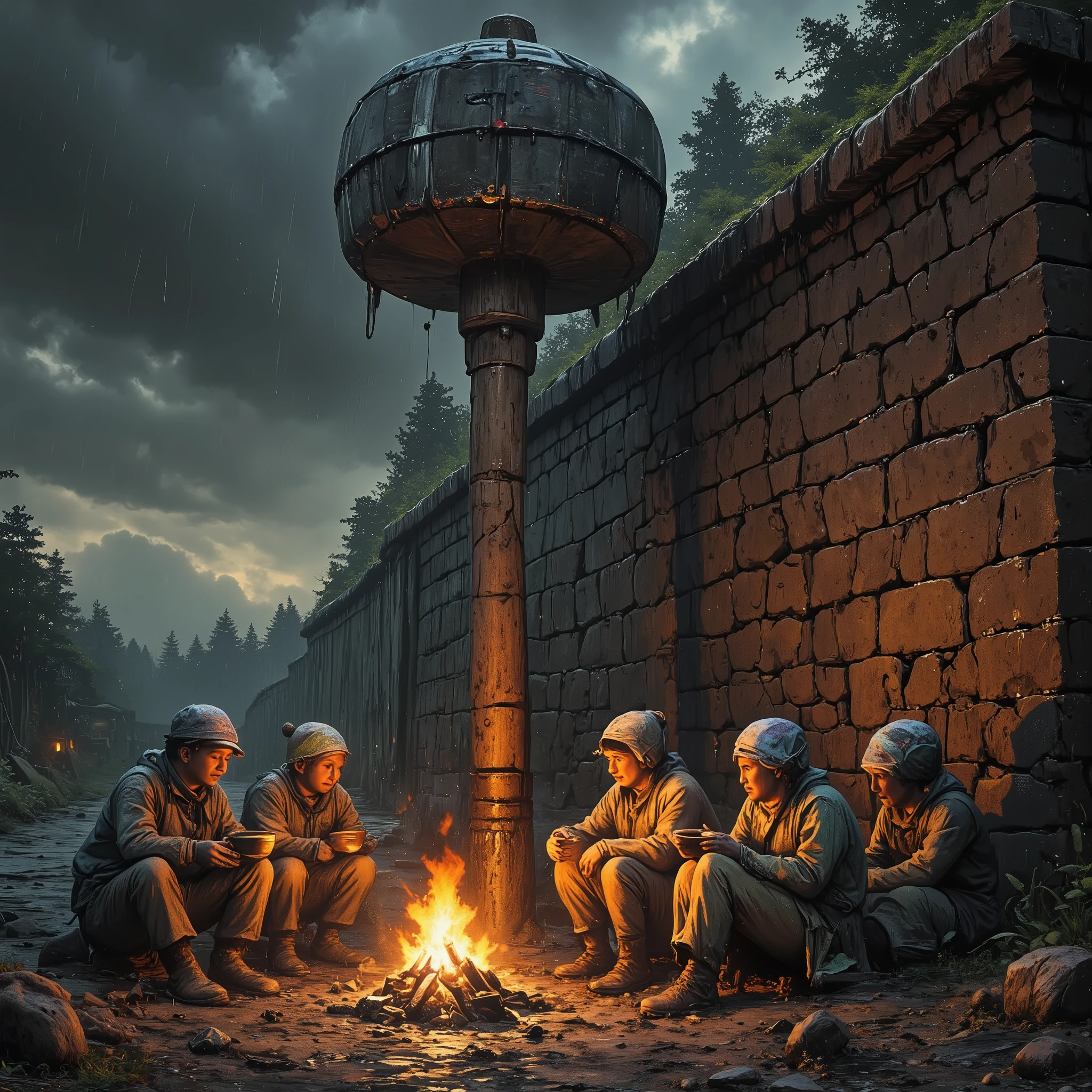  (it's pouring rain:1.8). Under a huge hammer, the enormous and giant hammer is planted in the ground, the handle is completely embedded in the earth, its handle stuck in the ground like a tree, A group of miniature adult travelers rests next to the wall. micro woman rests near the firecamp. They are both tiny men and mini-women. Tents made of pocket fabric and poles of broken toothpicks line the base. The hammer's head and handler itself reflects the firelight, rising above them like a monument. The characters eat from bowls made of bottle caps, their clothes patched with scraps of labels. (it's raining:1.8). Their realism is emotionally grounded. The travelers' faces are extremely lifelike. They are, in effect, miniature men. photorealistic lifelike professional macro shot. 