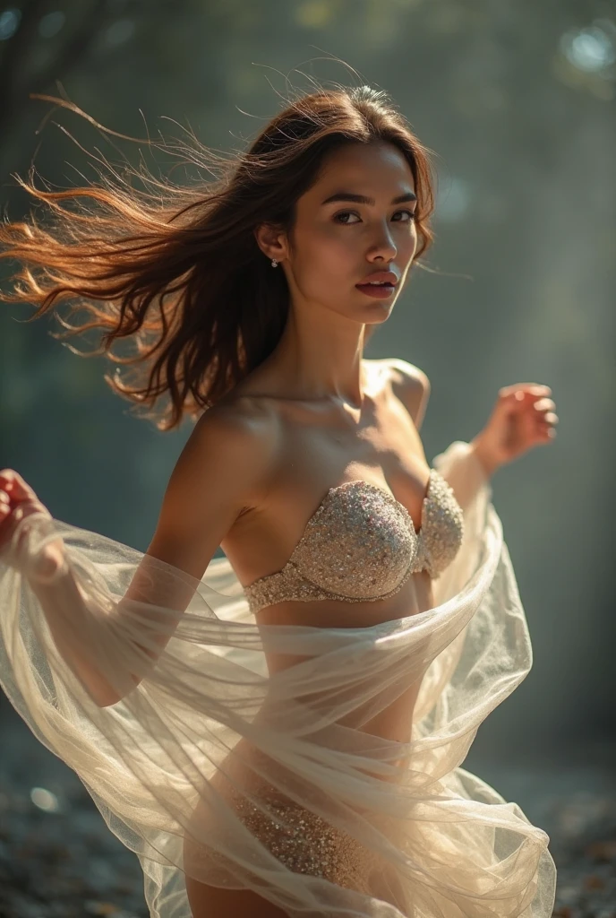 adriana lima, thick brown hair, hot , Ukrainian girl, wavy brown hair, Dasha Taran, pretty beautiful brunette, (solo one girl : 2.0), Light green and light white tone,full body, simple white background, nature lighting, lighting effect, minimalist, elegant, pure gentle, soft light, photorealistic. a women (collarbone, shoulders) posing (praying and standing) with The hyper-giant lotus with huge and long petals (petal made of a thin and soft tulle fabric, flowy petals fully background, floating petals, hyper-flying petals, smoke effect mix with petal), lotus dress,.