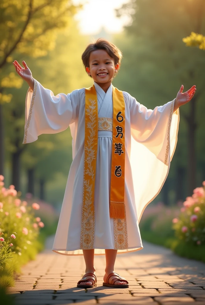 (tmasterpiece), (Need), (super-fine), (s whole body:1.2), A three-year-old little monk，The round face has big eyes，His nose was slightly upturned，There is always a sweet smile on the mouth，It looks very cute。 The little monk wears a loose black cassock，It is embroidered with a golden Buddha image and scriptures The little monk is bald，It seems particularly spiritual。 He did it there，Fold your hands，With a smile，As if silently praying。The whole person looks cute，People can't help but want to hug him。ultra-wide-angle, 8K, k hd, true to life