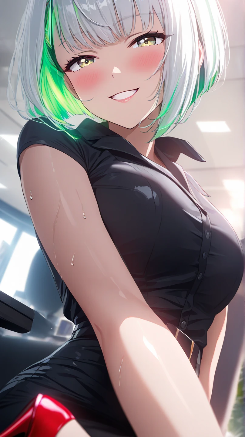 masterpiece, best quality, 1girl, , tatsumaki, green hair,green eyes,curly hair, short hair, smile, , skimpy sports bra, small breasts, nsfw, navel, exposed midriff, white clothes,, cleavage, areola ,upper body, gym, sweating, sitting on a workout bench, sweat drips, wet skin, upper body focus, (insanely detailed, beautiful detailed face, masterpiece, best quality) portrait, gym setting, , see through clothes, wet
