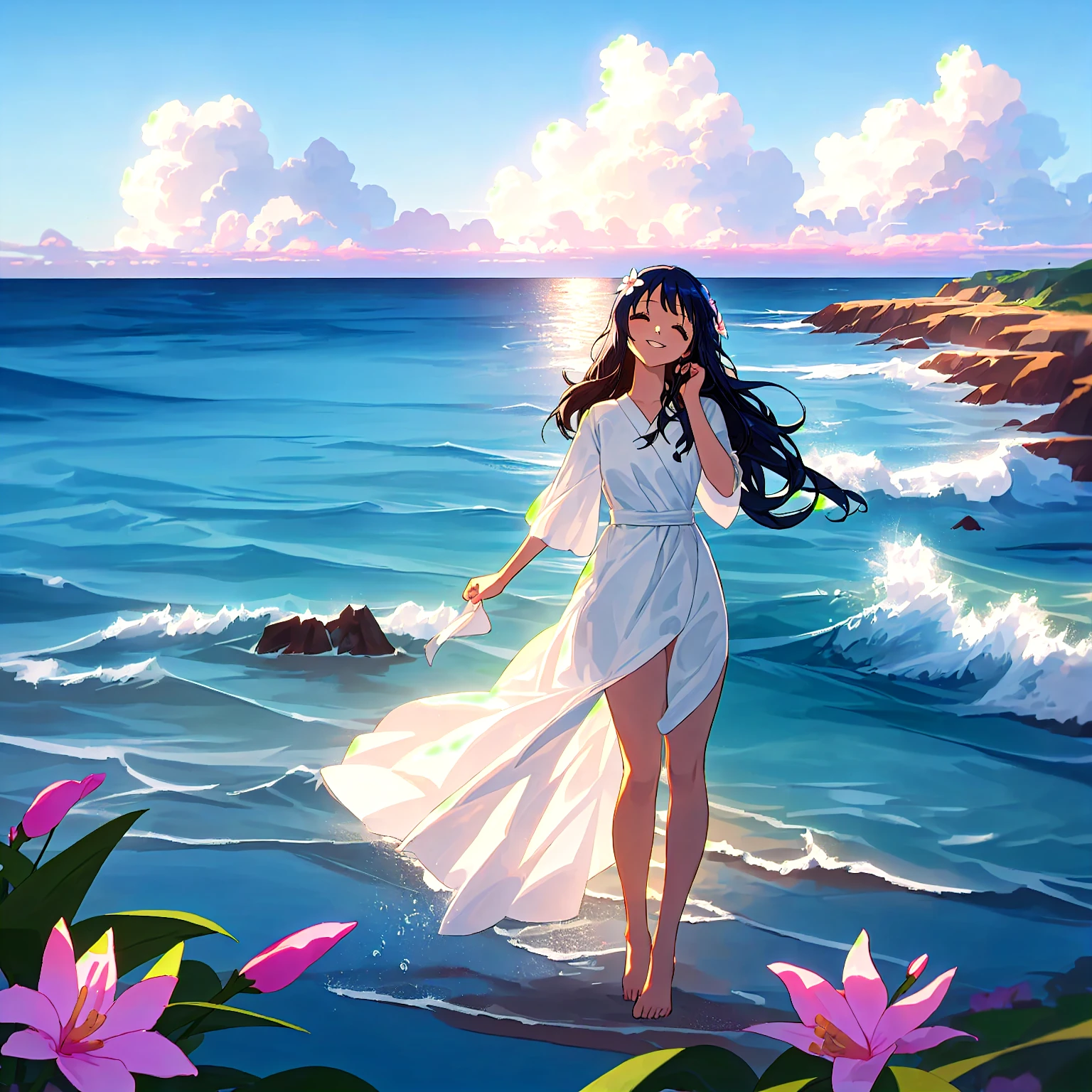 watercolor portrait beautiful breathtaking girl, pele escura, cabelo comprido sedoso, vestido branco de seda fina. corpo inteiro, paisagem noturna, brilho da lua no rosto dela.
