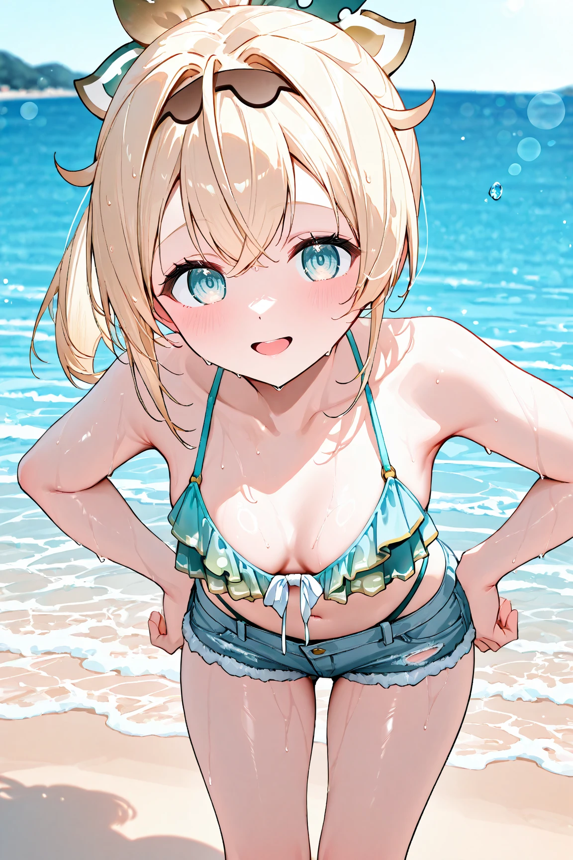 anime girl in bikini with surfboard on beach with blue sky, swimsuit, at a beach, in the beach, is wearing a swimsuit, bathing suit, , at the beach, guweiz, realistic bikini, lolish, anime moe artstyle, at the sea, detailed digital anime art, guweiz on pixiv artstation