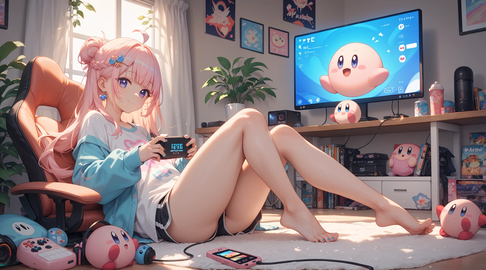 (masterpiece, best quality), 1girl,Flamingo pink Sleek High Bun, medium breasts,  <lora:girllikevideogame:1> playing videogame, RPG game interface on TV, manga bookcase, playstation, wooden floor, CD, dolls, sofa, table, poster, window