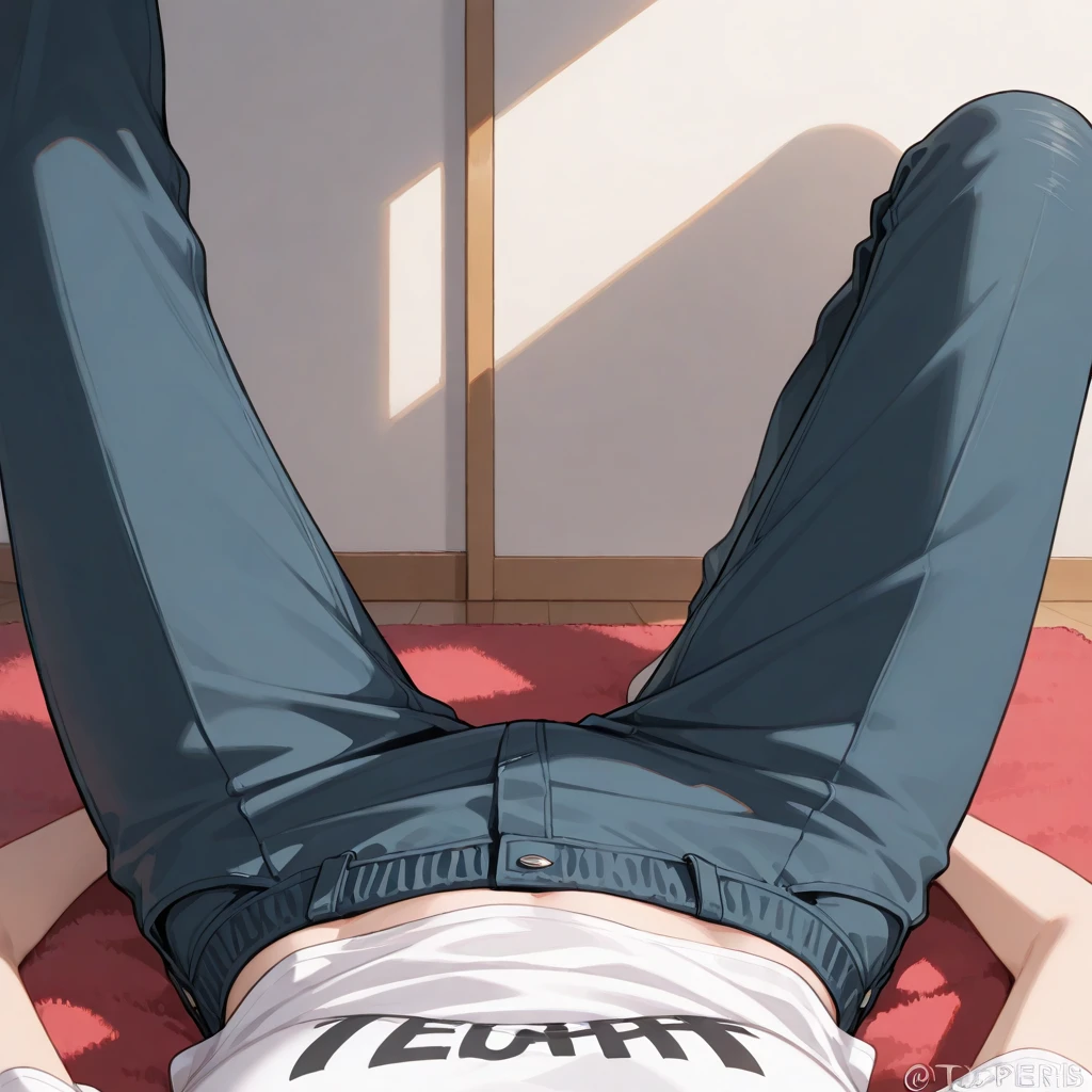 1man, Close-up of the lap of a man, crotch, lap focus, male only, gray sweatpants, white tank top, sitting over chair, legs spread, hands over thighs, bulge,