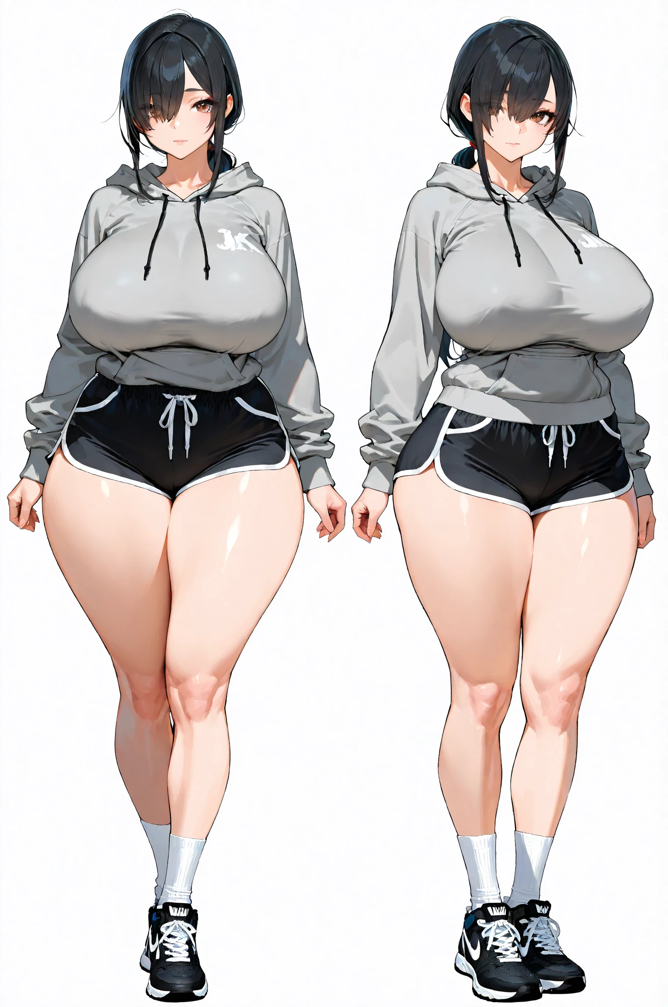 Female original character reference sheet adoptable, pink hair, (short bangs hair:1.36), detailed brown eyes, narrow waist, depth of field, 1girl, (on a background:1.3), (full body), pose, big breasts, wide hips, athletic figure, ((thigh cutout)), (((dark skin))),