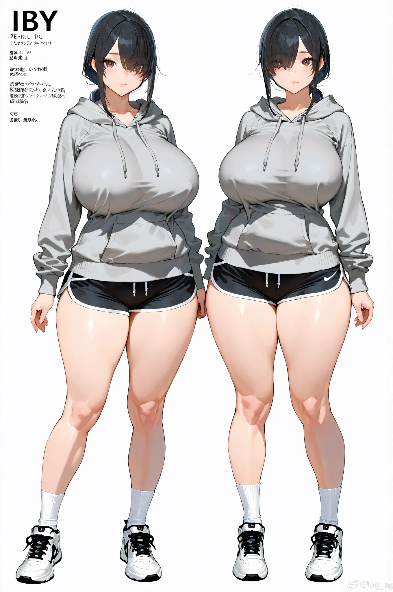 reference sheet, body back side to side and front, dora, from dora the explorer wearing no clothes,naked, mega huge long breasts, voluminous breasts, curvy long breasts, thick thigh:2.8, standing with hands on hip, full height, bottom view, best quality, very detailed, ultra 8k resolution,huge breast, huge_Breasts:2.8 anima girl