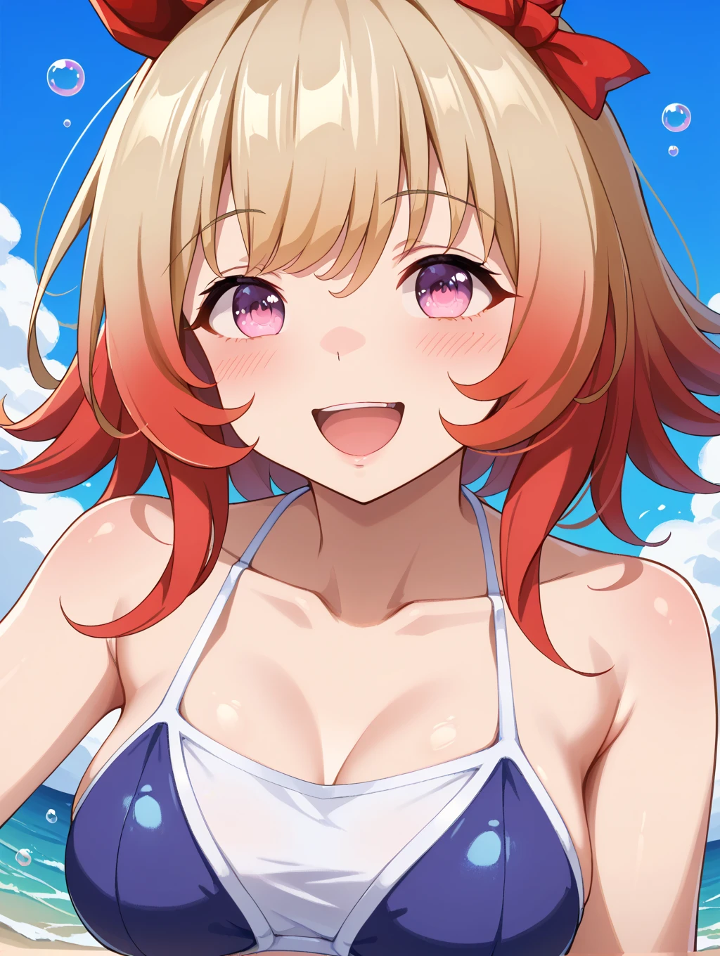 Highest quality、High resolution、Detailed Background、(Beautiful face in every detail:1.4)、Anatomically correct、(Normal number of fingers:1.2)、Highly detailed face、Detailed eyes、Teenage beauty、Huge breasts、Perfect body line、Light color hair、Braided bob cut、Braided Ponytail、Braided twin tails、well-groomed eyebrows、In the hot sunshine、Sandy Beach、A big smile、smile、
(Three girls smashing watermelon on Sandy Beach:1.5)、The bright red flesh of the watermelon is revealed、Girls in colorful swimsuits stuffing their mouths full、The way the juice flows down is adorable.、cute