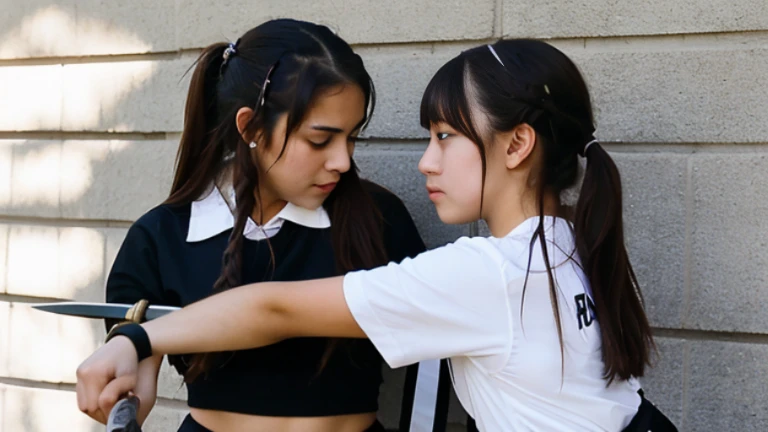  10 year old hugging another girl in the park wearing a skirt and short shirt, long hair,