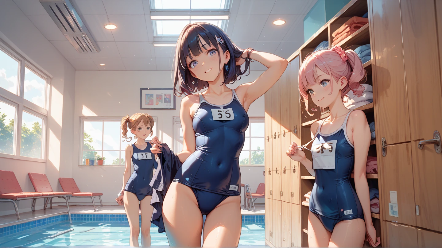 (anime artwork, anime style, studio anime, very detailed, up to date, vibrant, Anime Coloring, high contrast, masterpiece:1.5, best quality, best aesthetics),5 girl,hug from behind,swim suits, Medium chest, A glimpse of thighs,random hair, One eye is hidden by the bangs, perfect proportions, high detail skin, Cute, detailed faces,pool, precise fingers,curvy,swim suits  crowd,swim in the pool,underwater, swimming, 