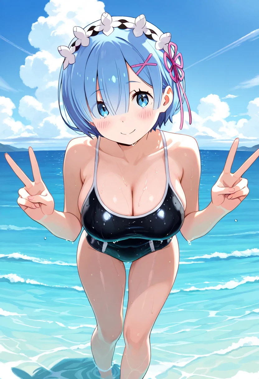 girl with、huge tit、Swimwear with less fabric area、Nipples are transparent、Blue-haired shorthair、a smile